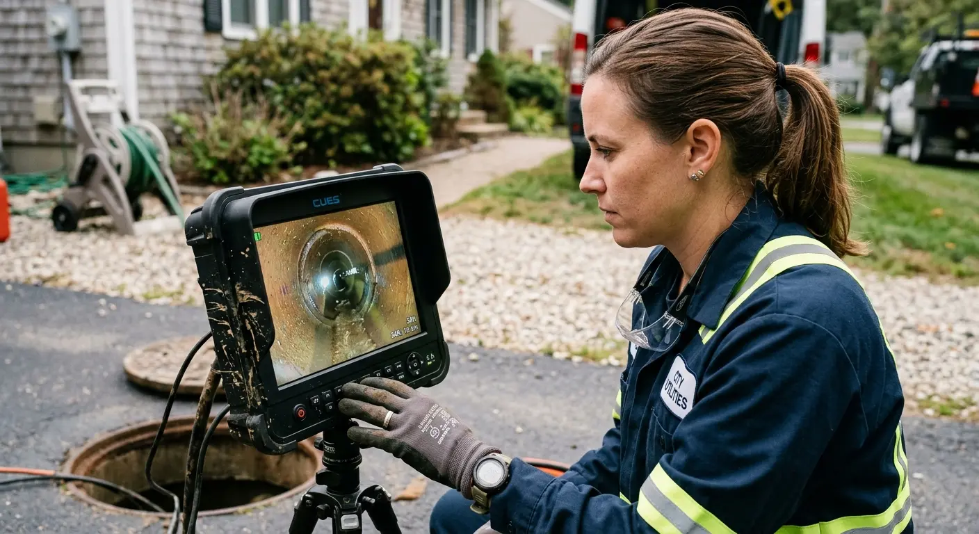 Technician reviewing sewer camera inspection footage in El Segundo