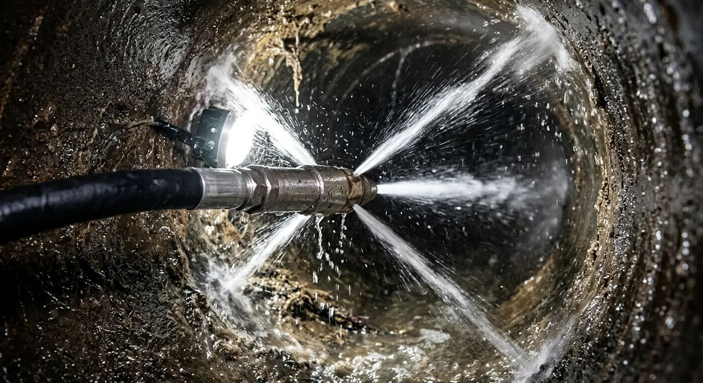 High-pressure hydro jetting nozzle cleaning sewer pipe for Storm Drain Cleaning in El Segundo