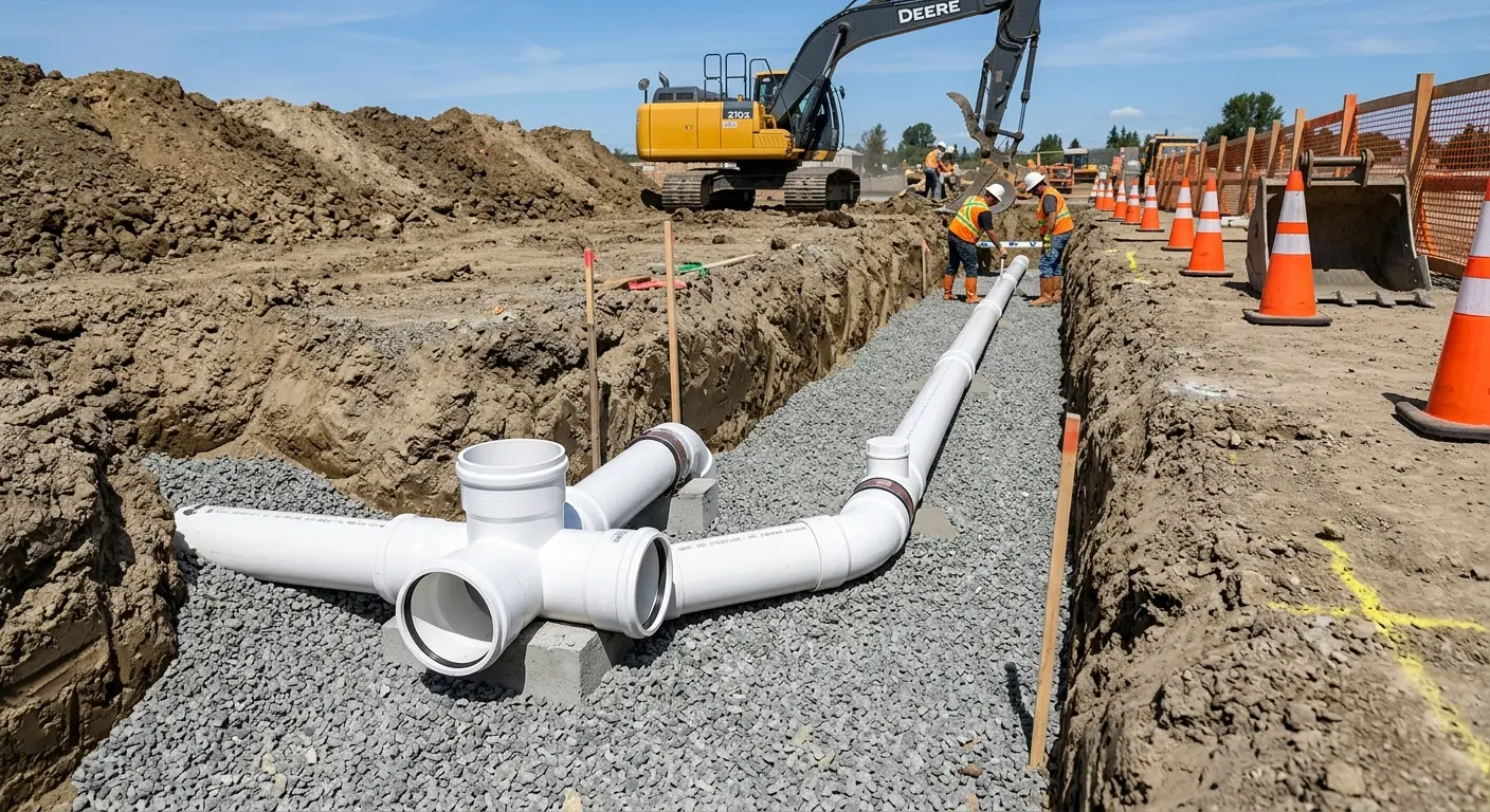 New PVC sewer pipe installation in open trench for Grease Trap Cleaning in El Segundo