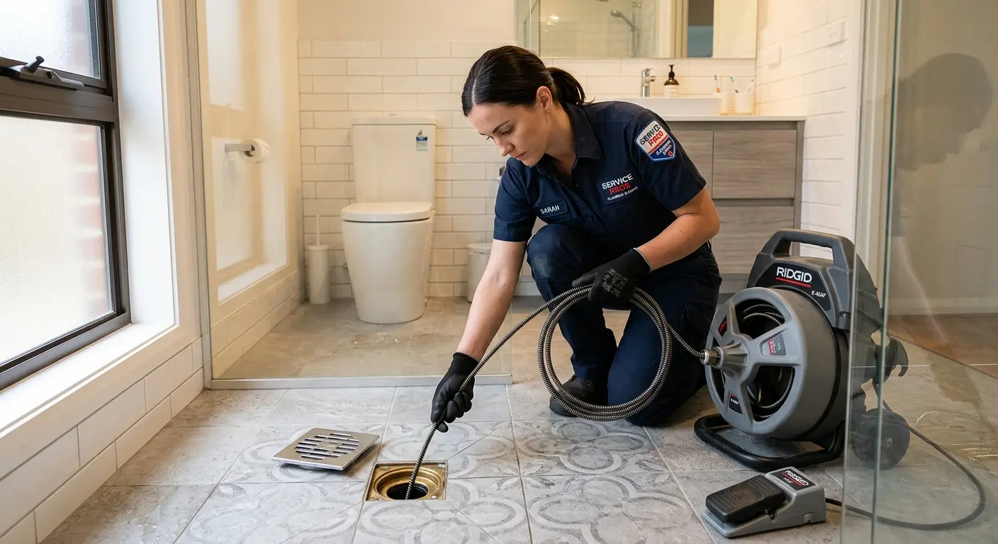Technician clearing a bathroom floor drain for Drain Cleaning in El Segundo
